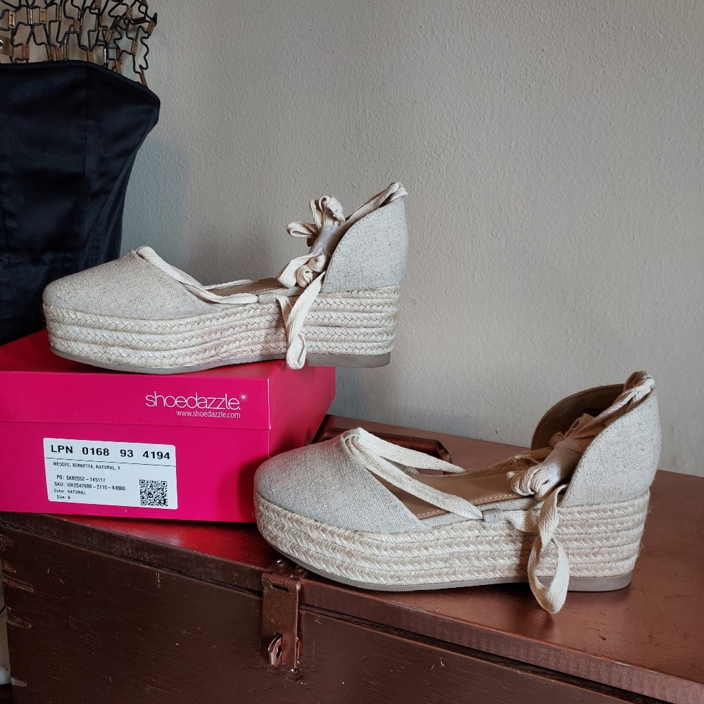 Neutral beige canvas wedges with ankle wrap